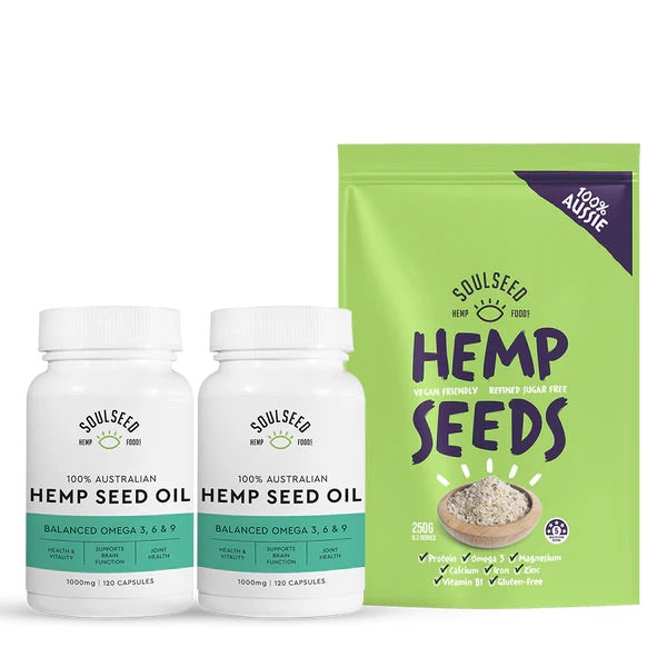 Hemp &#39;True Health&#39; Bundle - 2x 120 Plain Caps, 250g Seeds